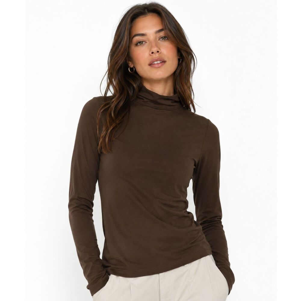 NWT H&M Brown Mock Neck Long Sleeve Stretch Top Size M Minimalist Essential